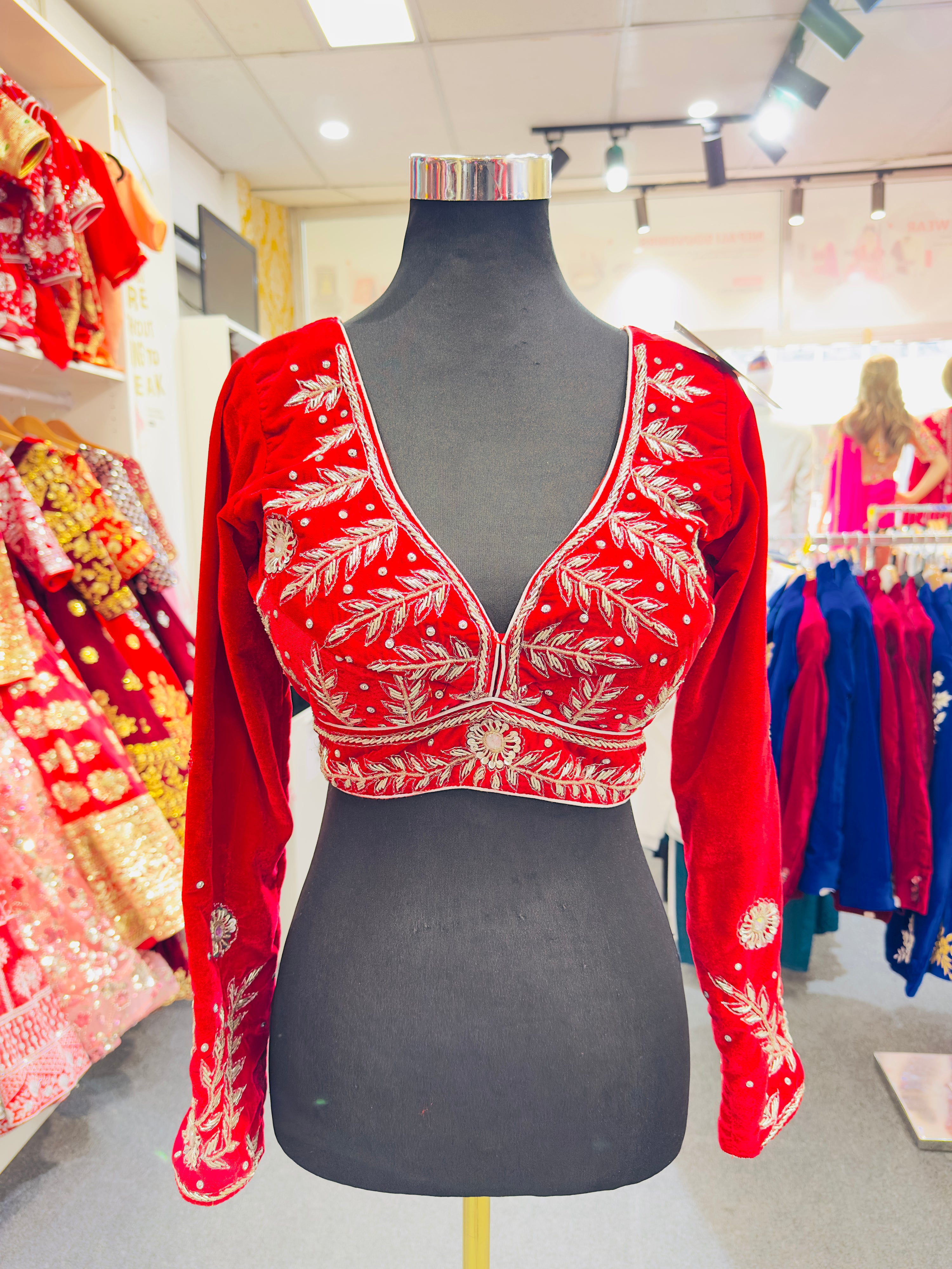 Velvet Full Handwork Blouse-Red